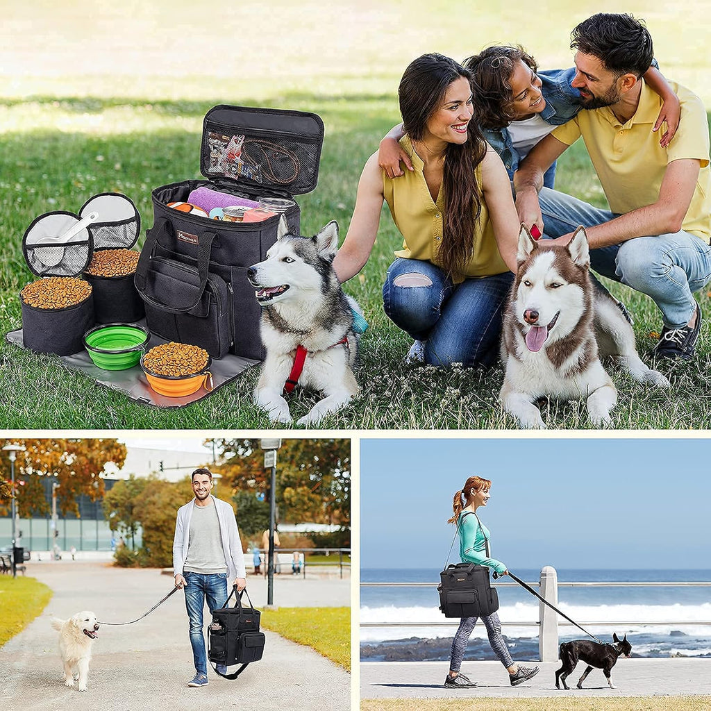 Dog Travel Bag with 2 Collapsible Dog Bowls, 1 Dog Backpack, Airline Approved Pet Travel Bagorganizer for Supplies & Accessories, 2 Travel Dog Food Container, Black
