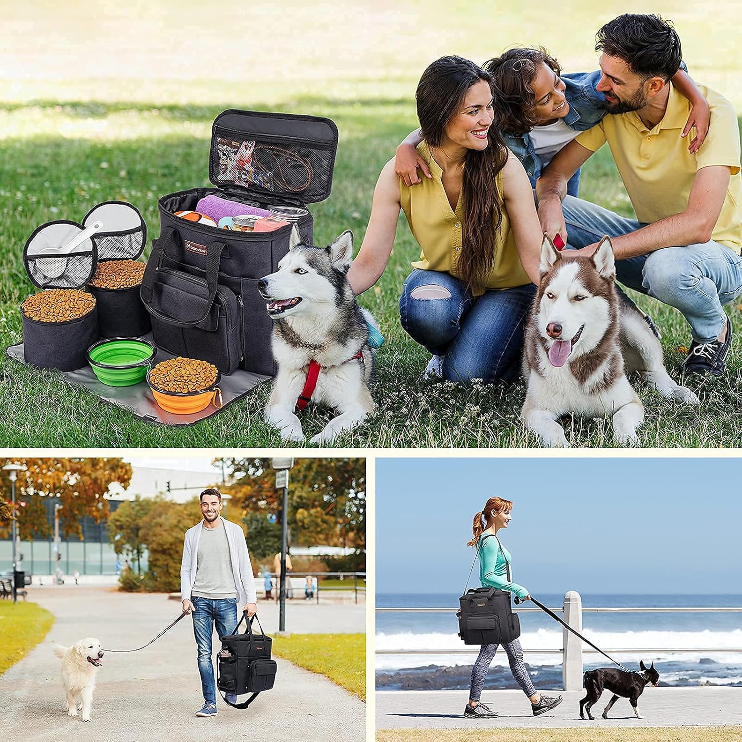 Dog Travel Bag with 2 Collapsible Dog Bowls, 1 Dog Backpack, Airline Approved Pet Travel Bagorganizer for Supplies & Accessories, 2 Travel Dog Food Container, Black